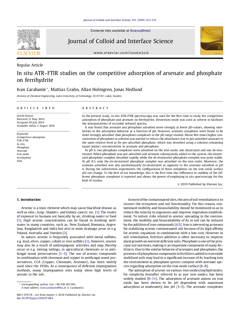 In situ ATR–FTIR studies on the competitive adsorption of arsenate and phosphate on ferrihydrite