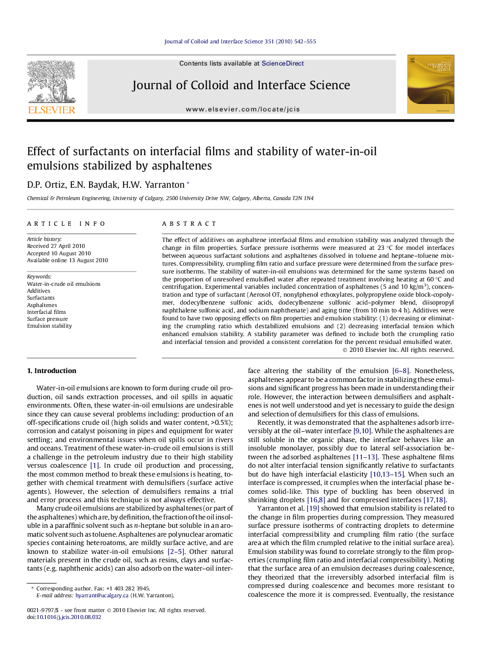 Effect of surfactants on interfacial films and stability of water-in-oil emulsions stabilized by asphaltenes