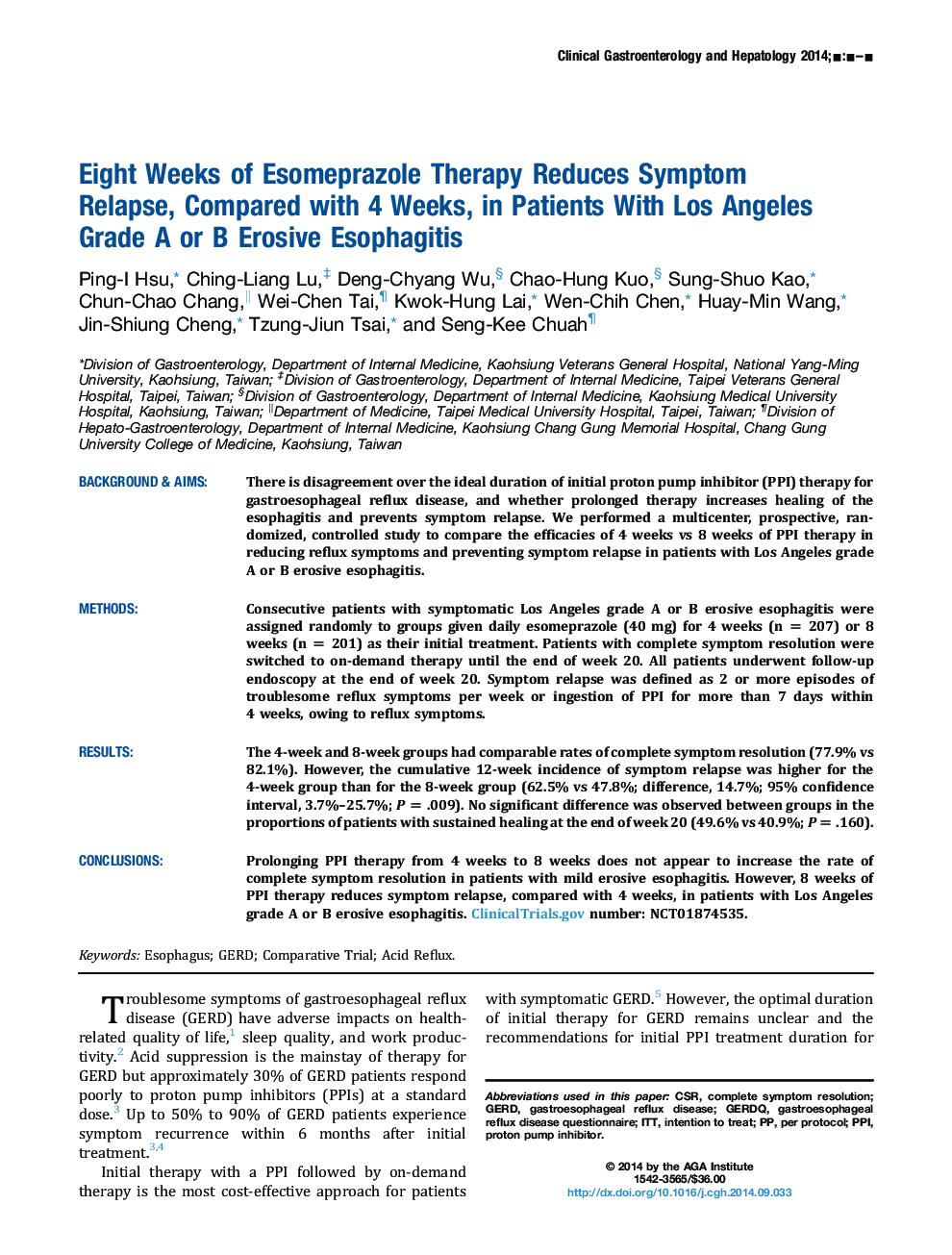 Eight Weeks of Esomeprazole Therapy Reduces Symptom Relapse, Compared With 4 Weeks, in Patients With Los Angeles Grade A or B Erosive Esophagitis