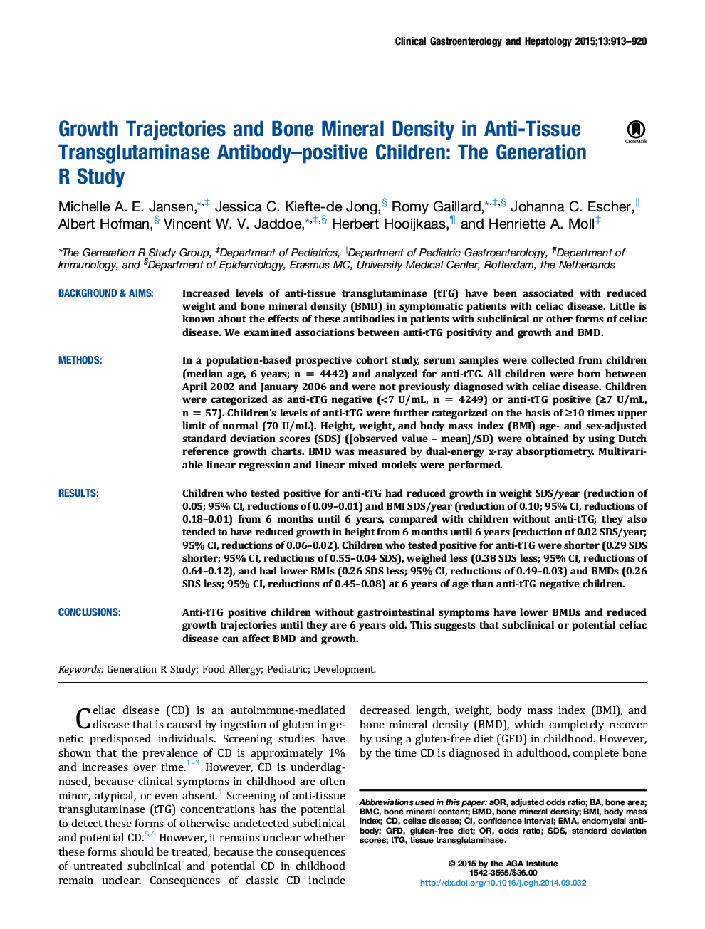 Growth Trajectories and Bone Mineral Density in Anti-Tissue Transglutaminase Antibody-positive Children: The Generation RÂ Study