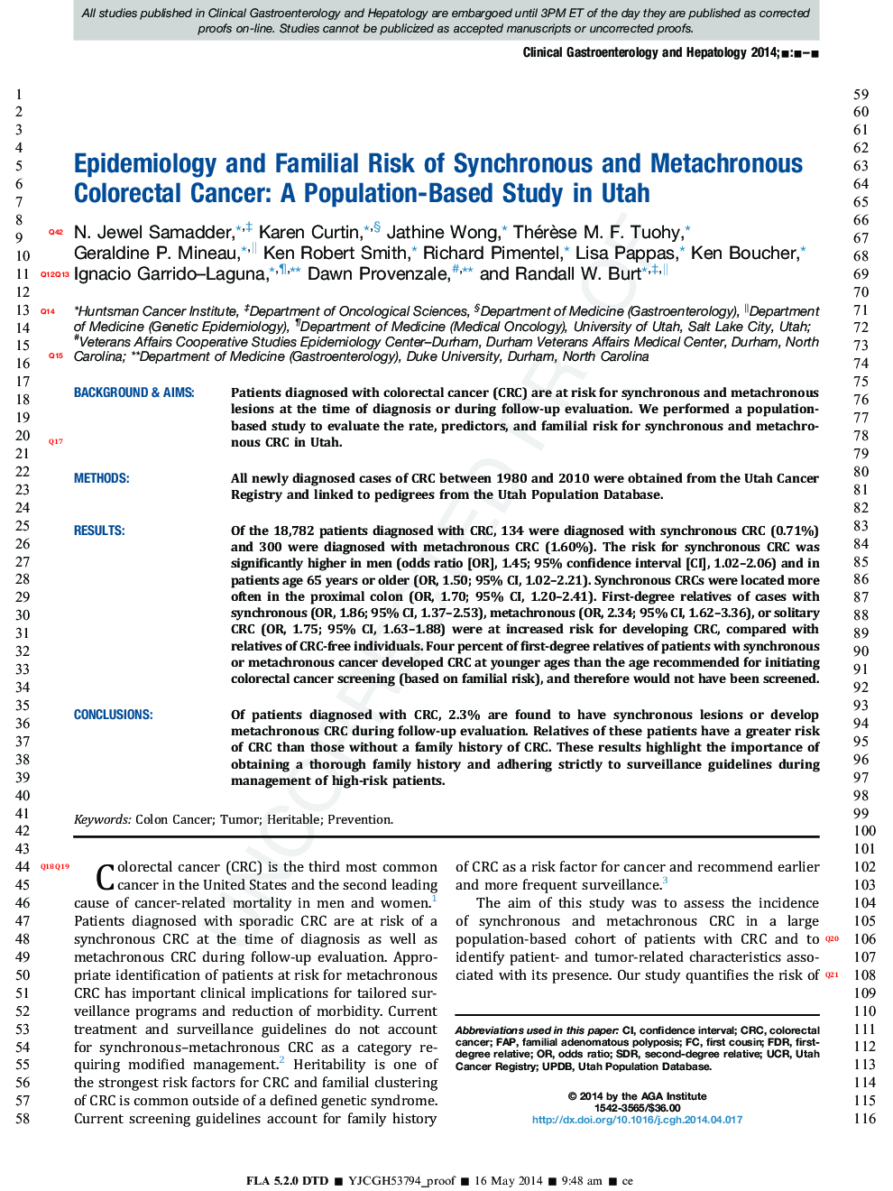 Epidemiology and Familial Risk of Synchronous and Metachronous Colorectal Cancer: A Population-Based Study in Utah