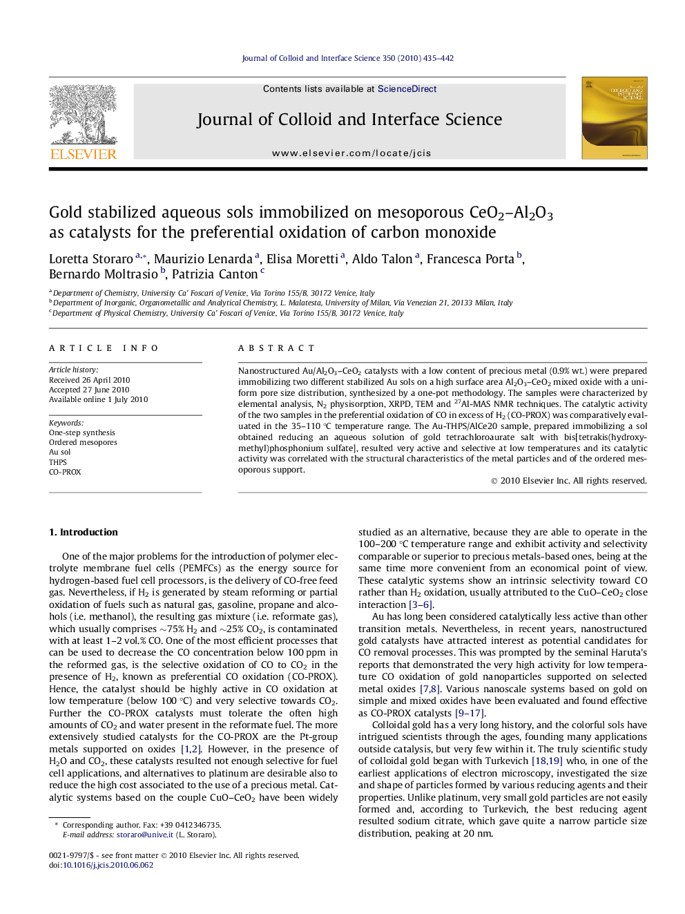 Gold stabilized aqueous sols immobilized on mesoporous CeO2-Al2O3 as catalysts for the preferential oxidation of carbon monoxide