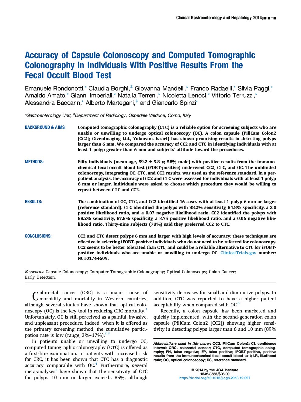 Accuracy of Capsule Colonoscopy and Computed Tomographic Colonography in Individuals With Positive Results From the Fecal Occult Blood Test