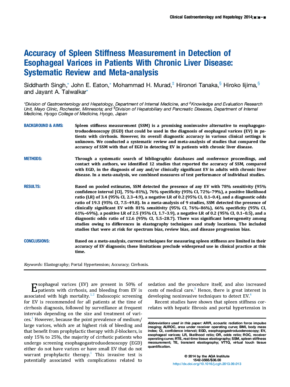 Accuracy of Spleen Stiffness Measurement in Detection of Esophageal Varices in Patients With Chronic Liver Disease: Systematic Review and Meta-analysis