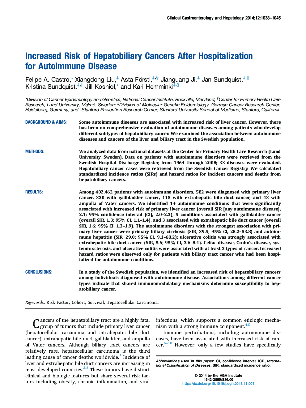 Increased Risk of Hepatobiliary Cancers After Hospitalization for Autoimmune Disease