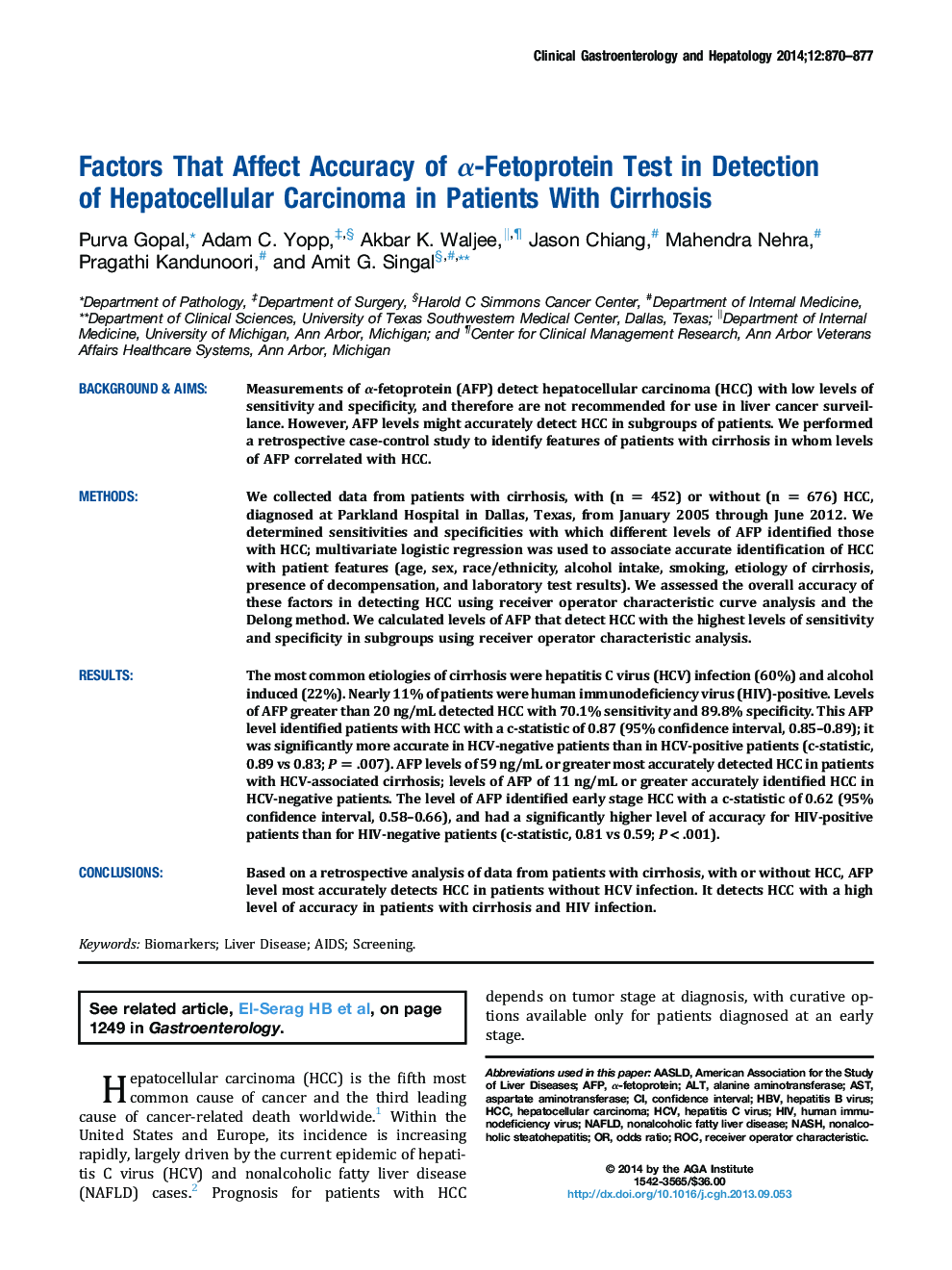 Factors That Affect Accuracy of Î±-Fetoprotein Test in Detection ofÂ Hepatocellular Carcinoma in Patients With Cirrhosis