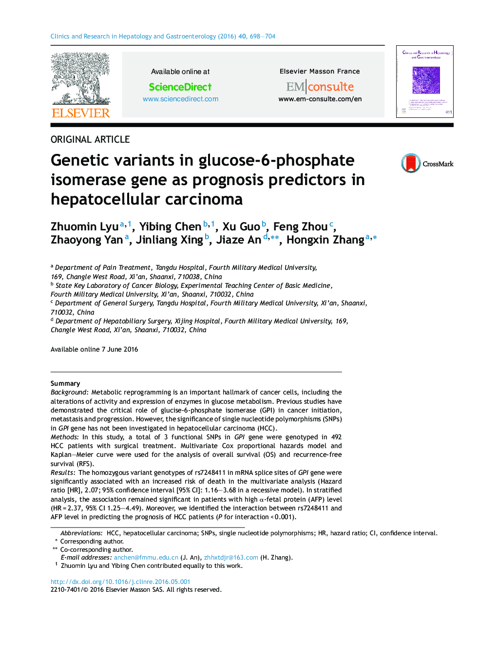 Original articleGenetic variants in glucose-6-phosphate isomerase gene as prognosis predictors in hepatocellular carcinoma