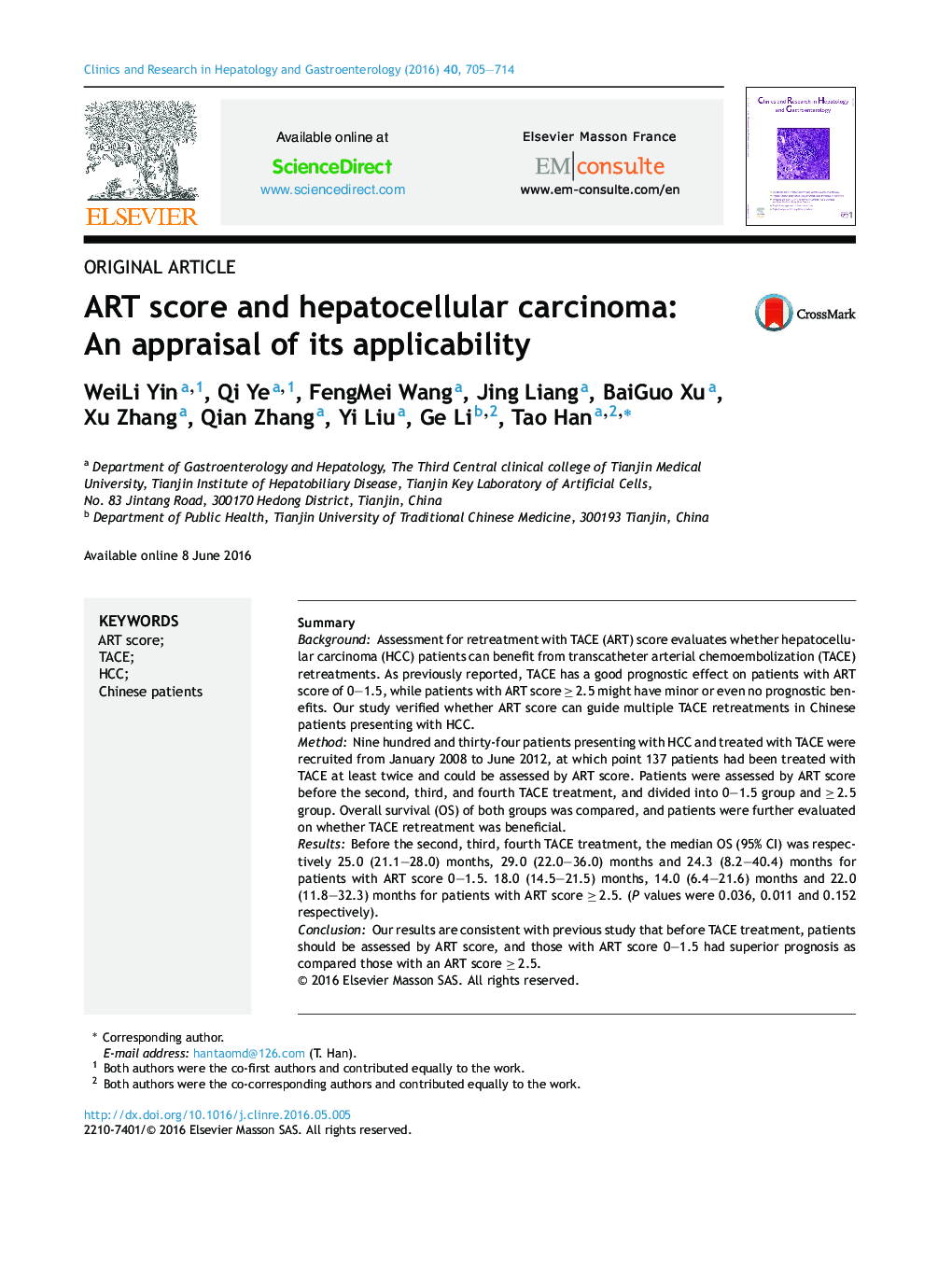 Original articleART score and hepatocellular carcinoma: An appraisal of its applicability