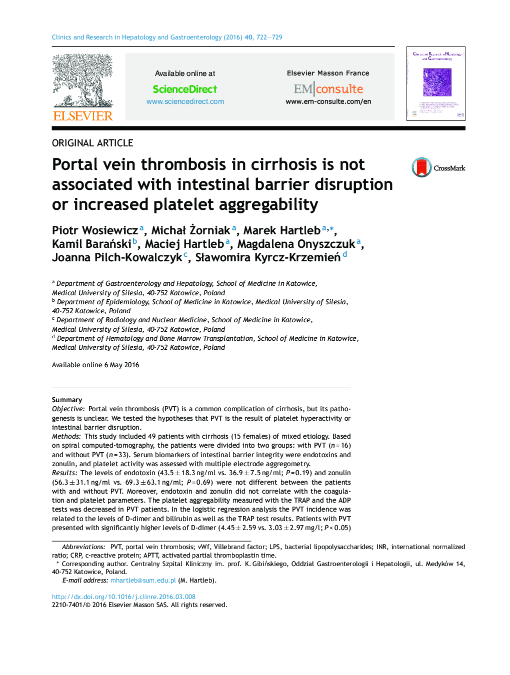 Original articlePortal vein thrombosis in cirrhosis is not associated with intestinal barrier disruption or increased platelet aggregability