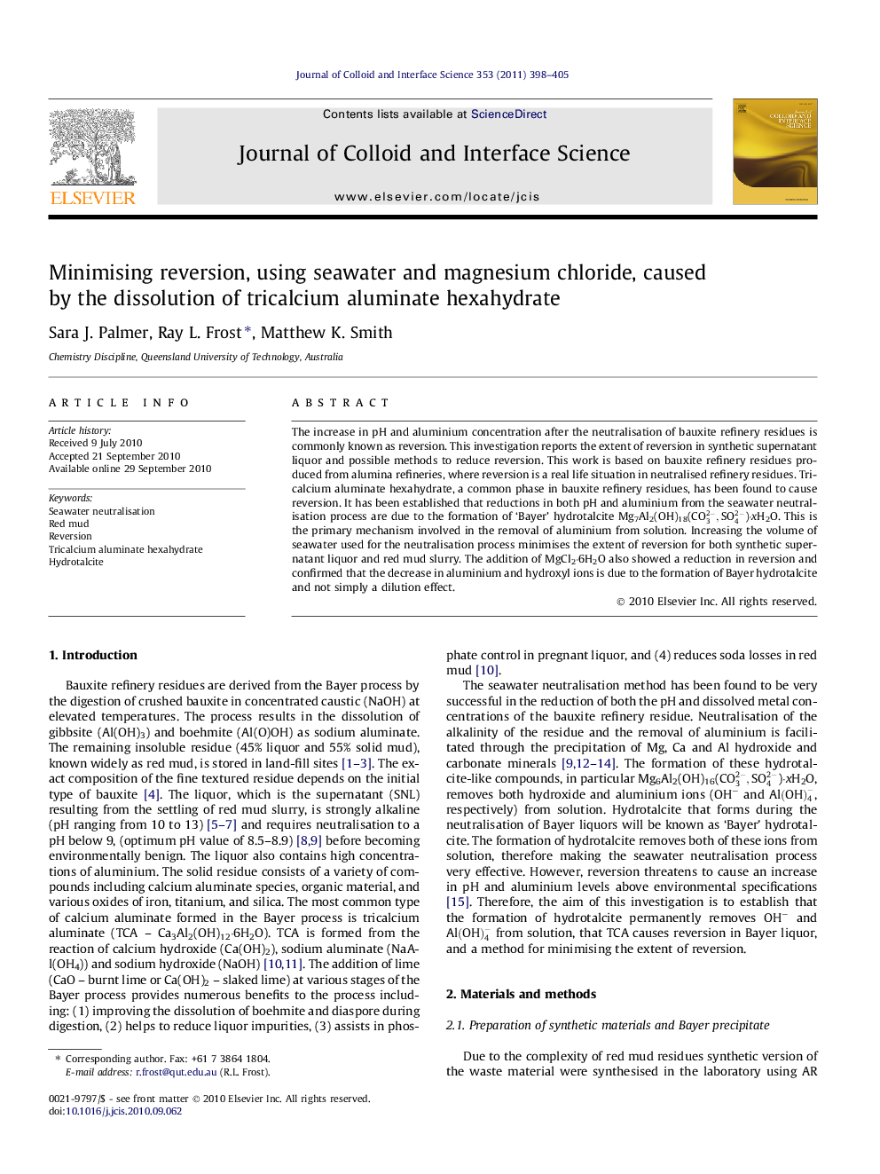 عکس صفحه اول مقاله: Minimising reversion, using seawater and magnesium chloride, caused by the dissolution of tricalcium aluminate hexahydrate Minimising reversion, using seawater and magnesium chloride, caused by the dissolution of tricalcium aluminate hexahydrate