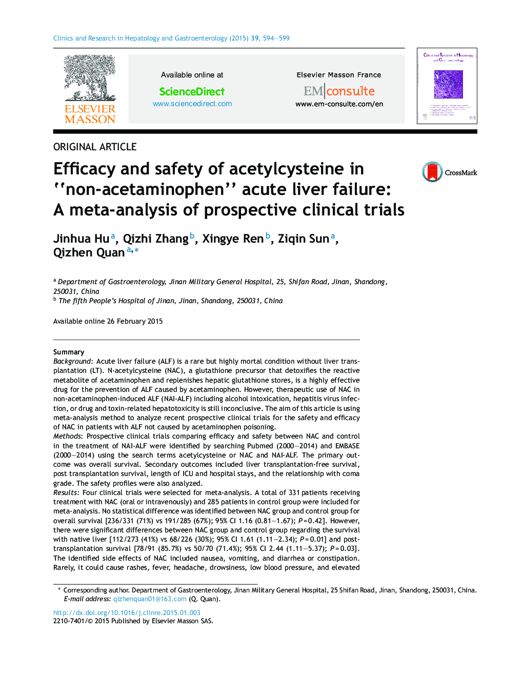 Original articleEfficacy and safety of acetylcysteine in “non-acetaminophen” acute liver failure: A meta-analysis of prospective clinical trials