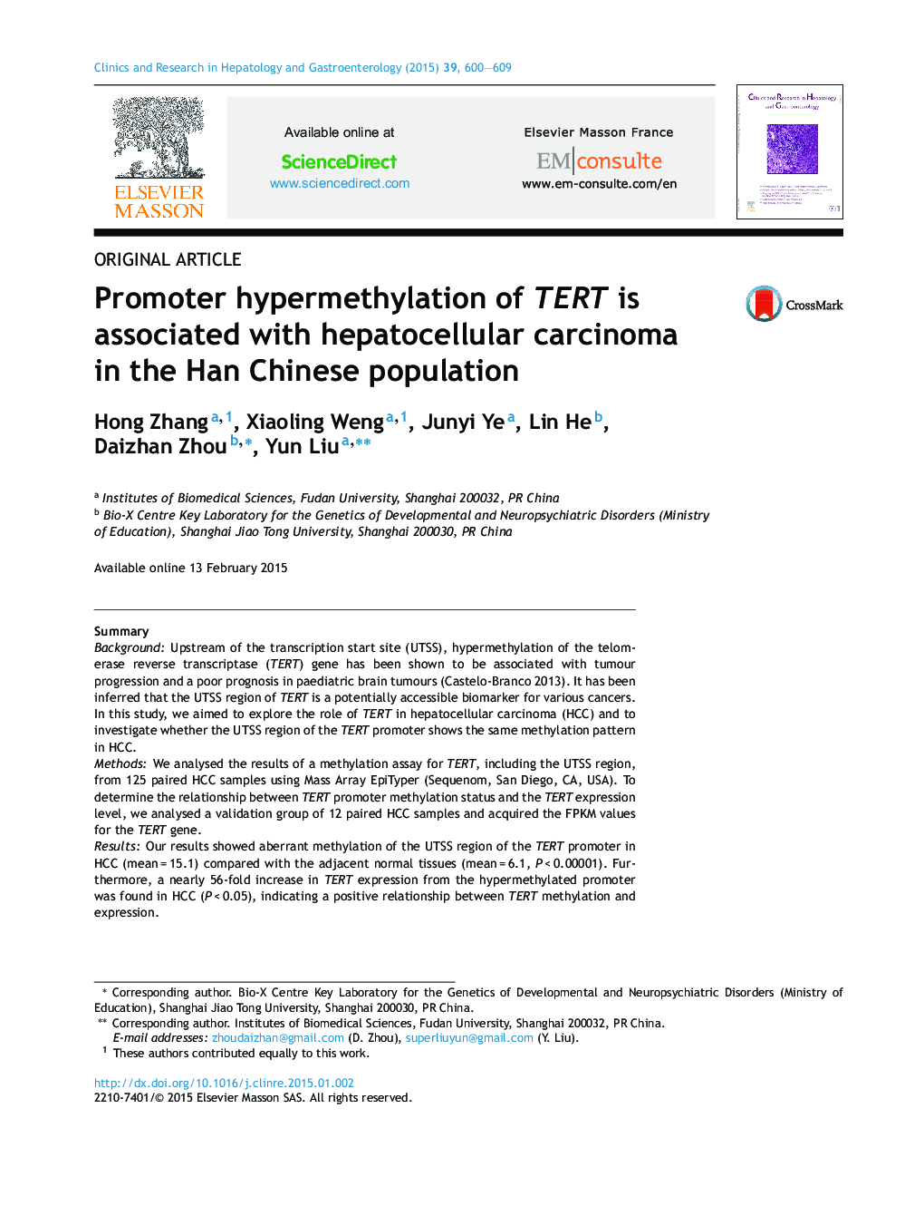 Original articlePromoter hypermethylation of TERT is associated with hepatocellular carcinoma in the Han Chinese population