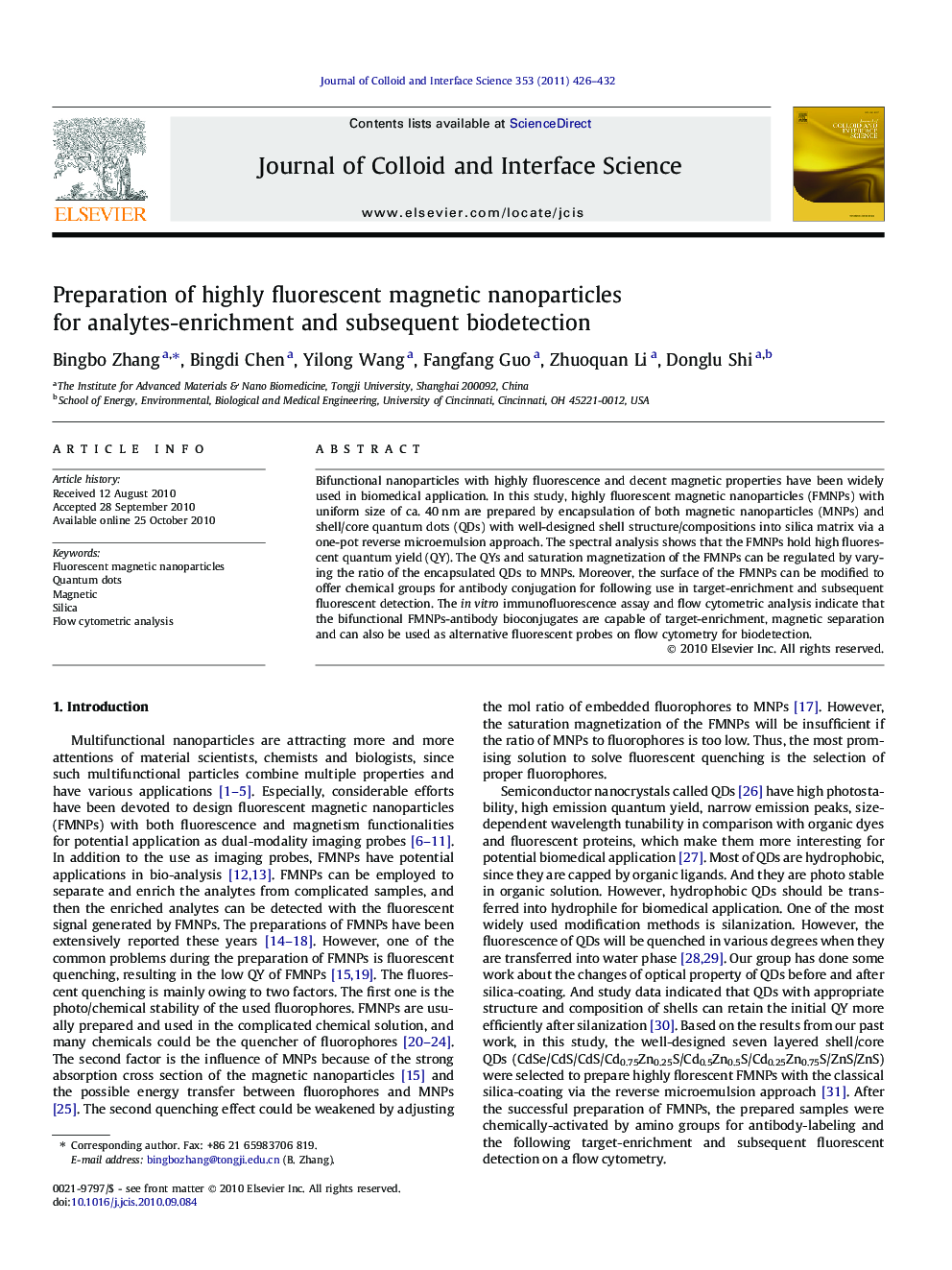 Preparation of highly fluorescent magnetic nanoparticles for analytes-enrichment and subsequent biodetection