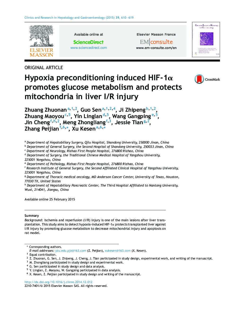 Original articleHypoxia preconditioning induced HIF-1Î± promotes glucose metabolism and protects mitochondria in liver I/R injury