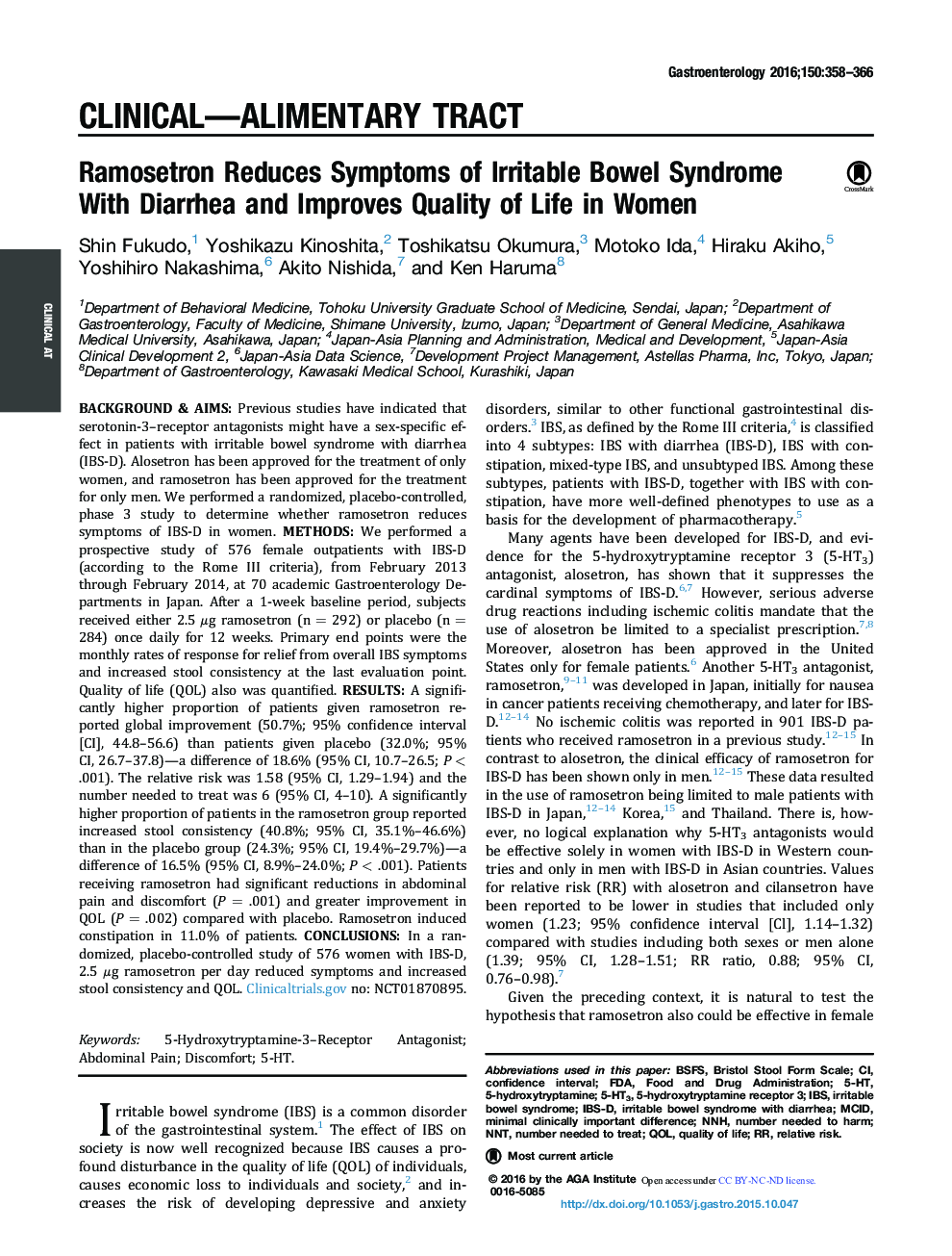 Original ResearchFull Report: Clinical-Alimentary TractRamosetron Reduces Symptoms of Irritable Bowel Syndrome With Diarrhea and Improves Quality of Life in Women