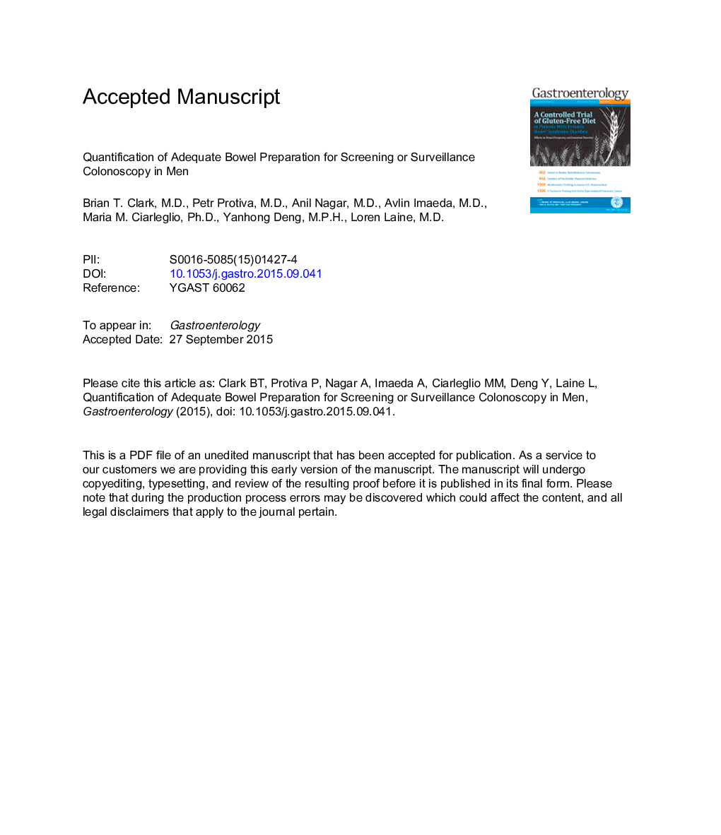 Quantification of Adequate Bowel Preparation for Screening or Surveillance Colonoscopy in Men