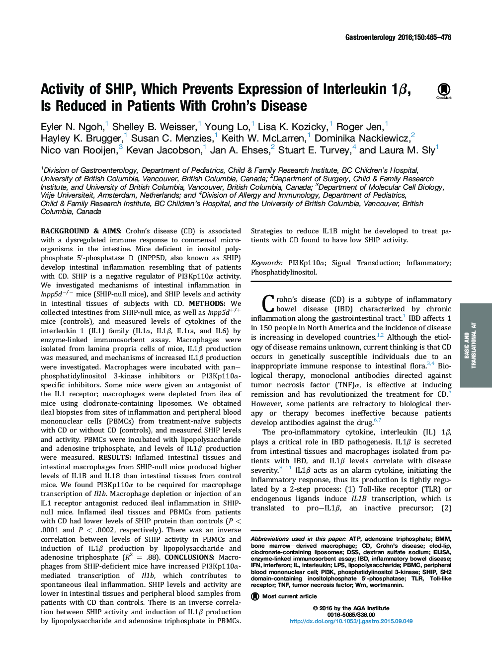 Original ResearchFull Report: Basic and Translational-Alimentary TractActivity of SHIP, Which Prevents Expression of Interleukin 1Î², IsÂ Reduced in Patients With Crohn's Disease