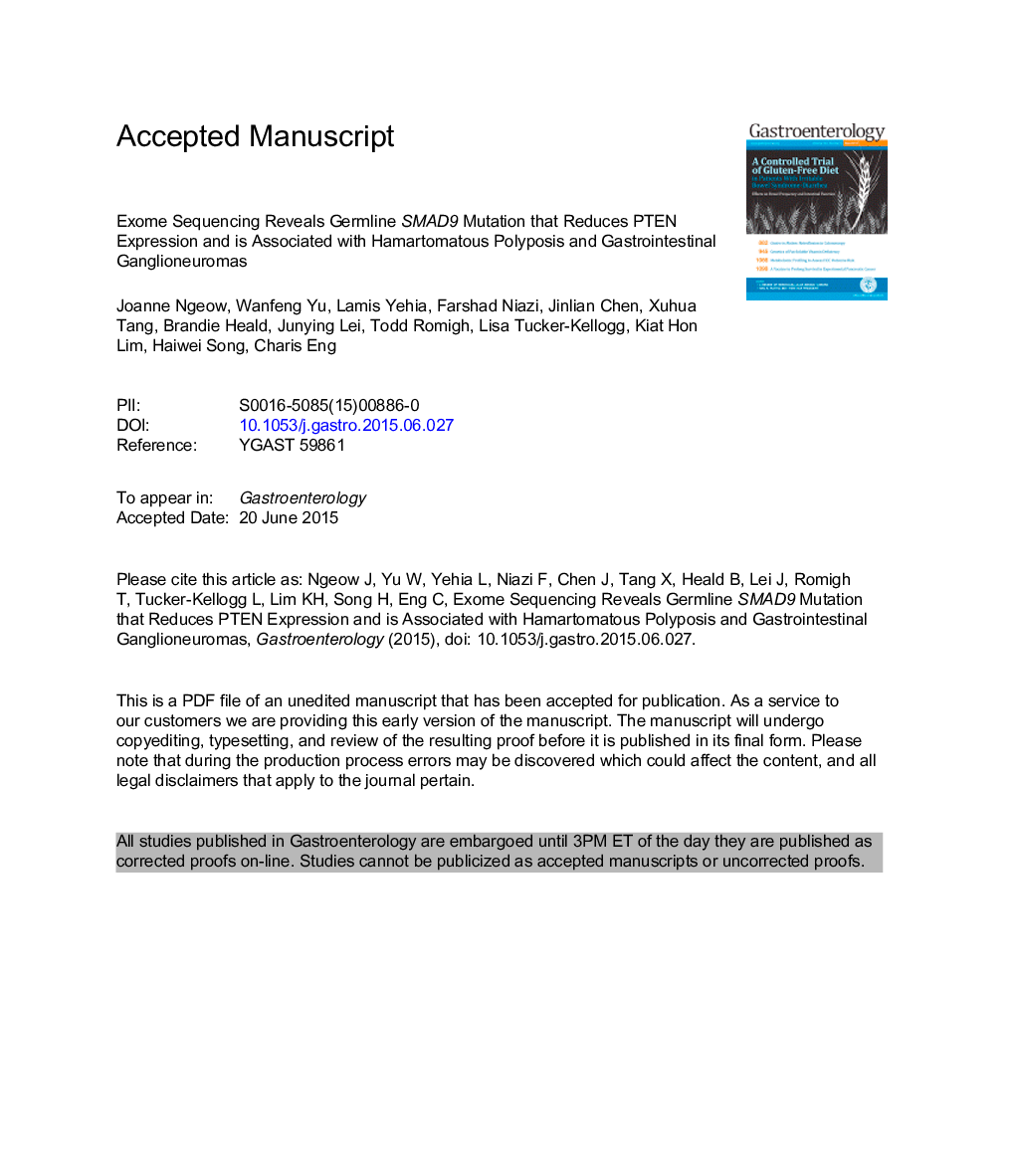 Exome Sequencing Reveals Germline SMAD9 Mutation That Reduces Phosphatase and Tensin Homolog Expression and Is Associated With Hamartomatous Polyposis and Gastrointestinal Ganglioneuromas