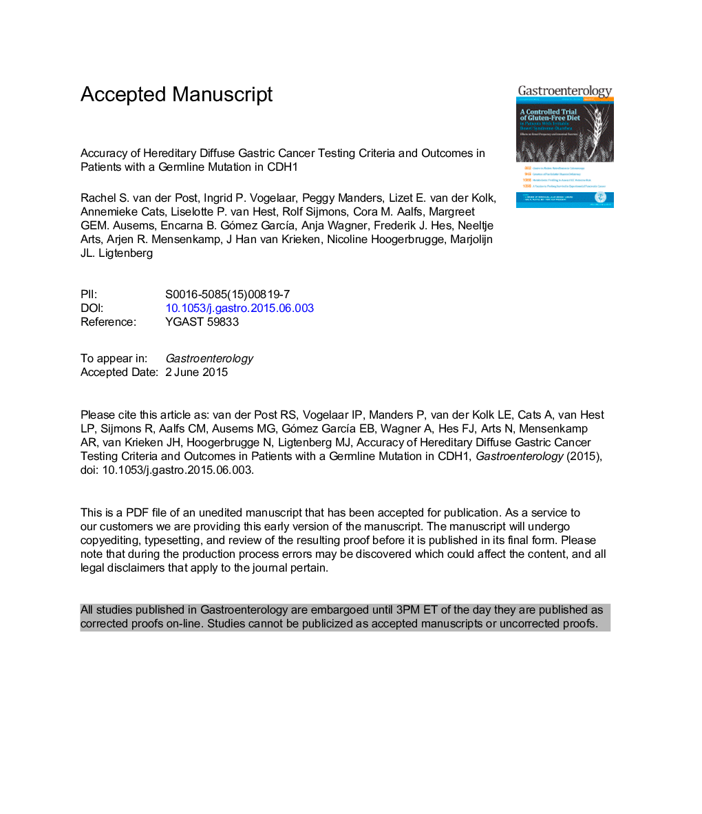 Accuracy of Hereditary Diffuse Gastric Cancer Testing Criteria and Outcomes in Patients With a Germline Mutation in CDH1