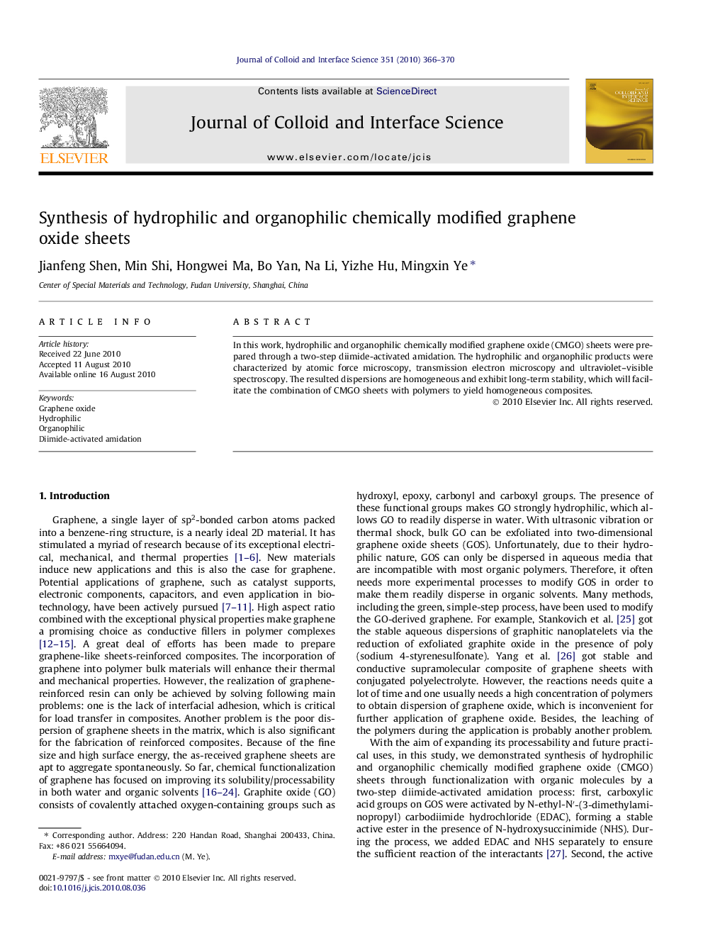 عکس صفحه اول مقاله: Synthesis of hydrophilic and organophilic chemically modified graphene oxide sheets Synthesis of hydrophilic and organophilic chemically modified graphene oxide sheets