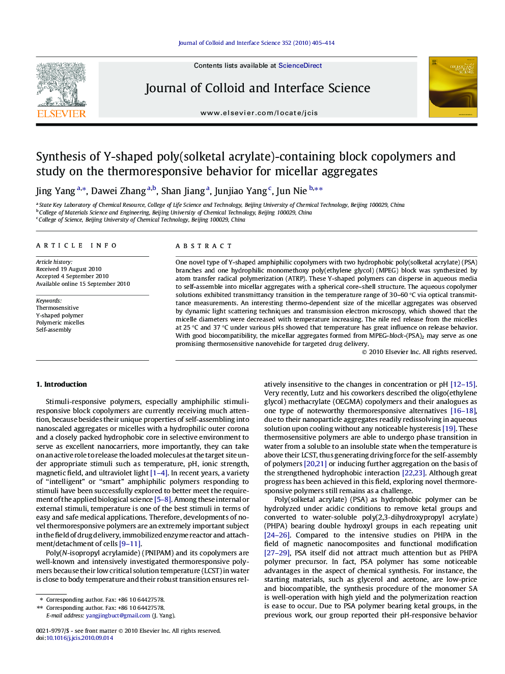 Synthesis of Y-shaped poly(solketal acrylate)-containing block copolymers and study on the thermoresponsive behavior for micellar aggregates