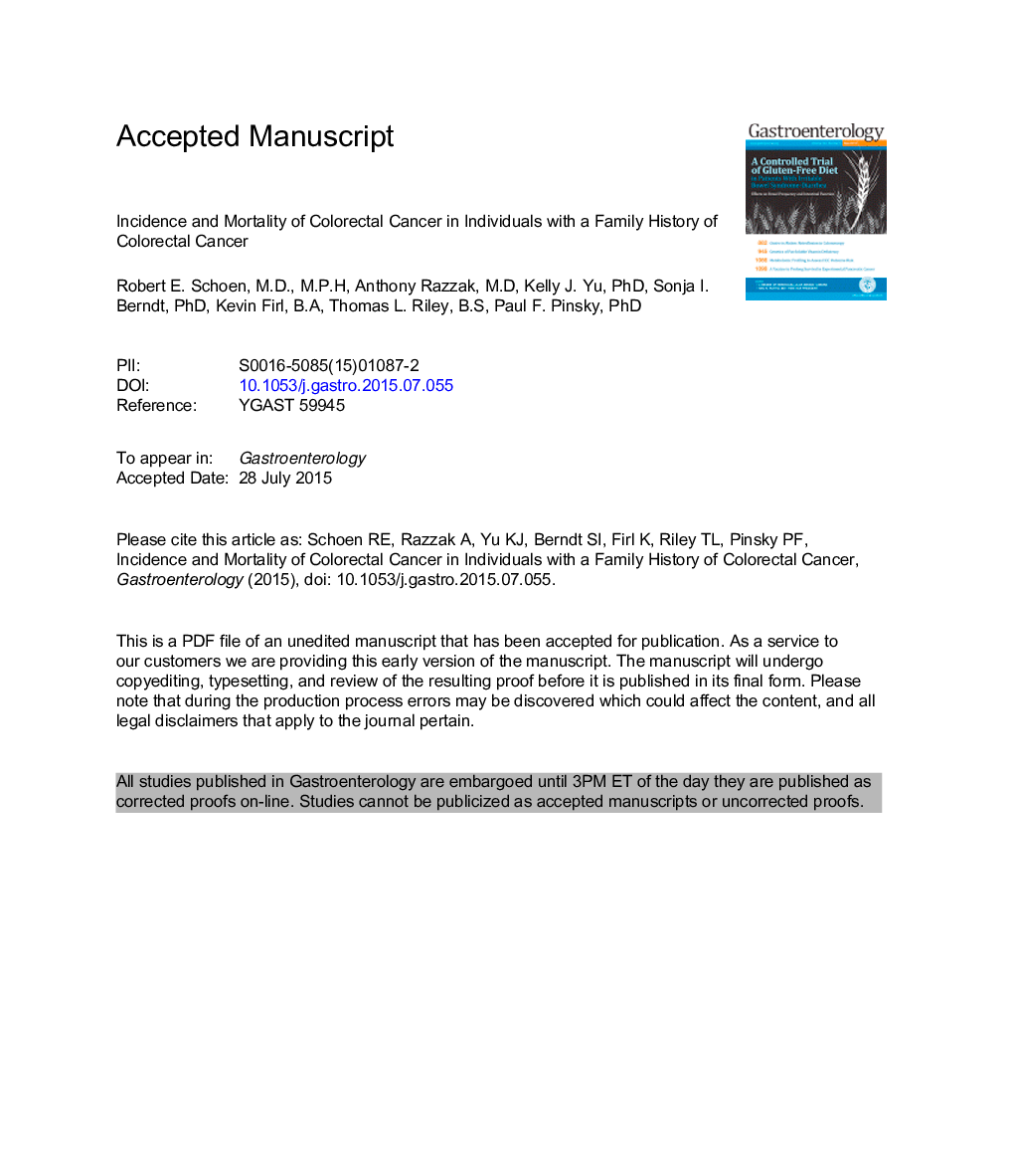 Incidence and Mortality of Colorectal Cancer in Individuals WithÂ a Family History of Colorectal Cancer