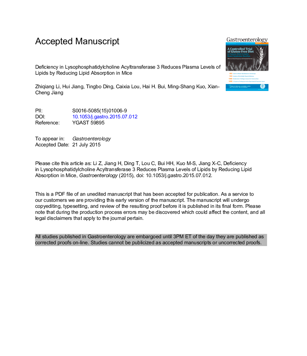 Deficiency in Lysophosphatidylcholine Acyltransferase 3 Reduces Plasma Levels of Lipids by Reducing Lipid Absorption in Mice