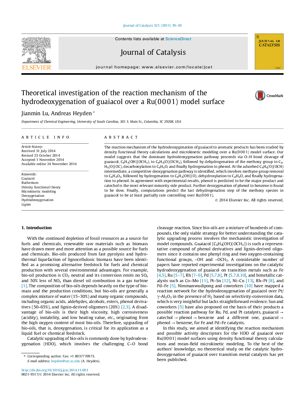 Theoretical investigation of the reaction mechanism of the hydrodeoxygenation of guaiacol over a Ru(0 0 0 1) model surface