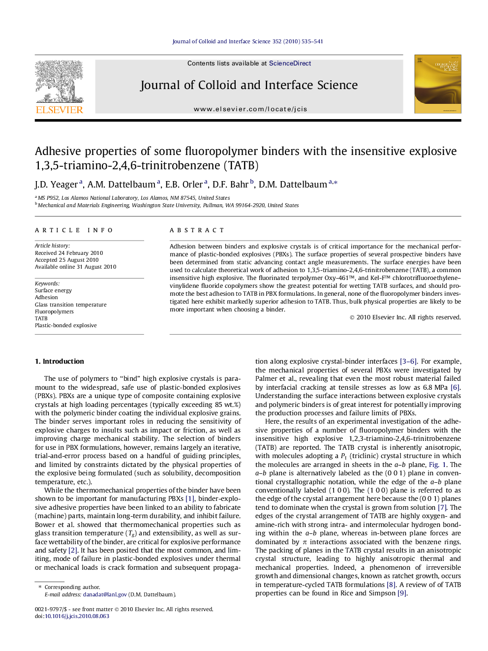 Adhesive properties of some fluoropolymer binders with the insensitive explosive 1,3,5-triamino-2,4,6-trinitrobenzene (TATB)