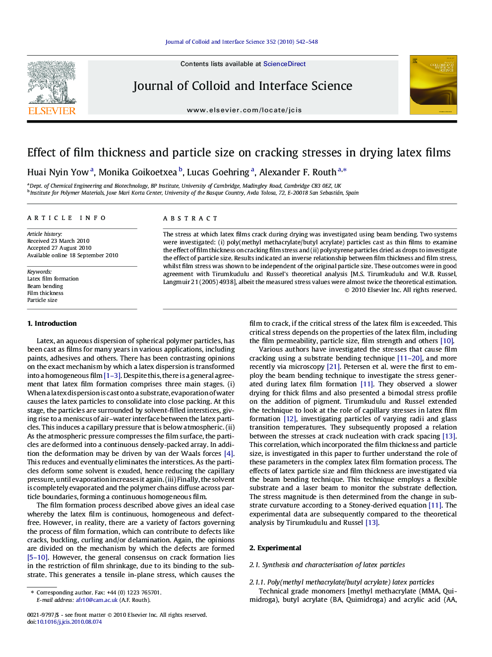 Effect of film thickness and particle size on cracking stresses in drying latex films