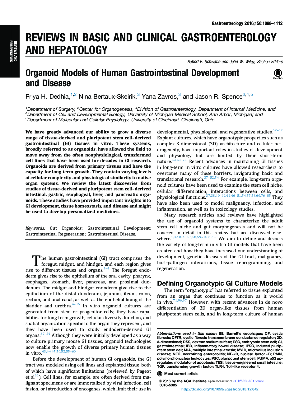 Reviews and PerspectivesReviews in Basic and Clinical Gastroenterology and HepatologyOrganoid Models of Human Gastrointestinal Development andÂ Disease