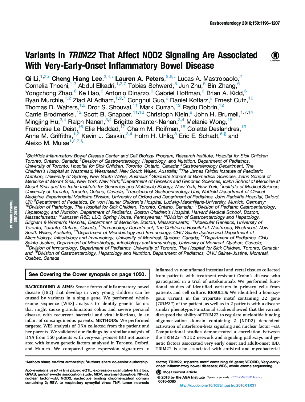 Original ResearchFull Report: Basic and Translational-Alimentary TractVariants in TRIM22 That Affect NOD2 Signaling Are Associated With Very-Early-Onset Inflammatory Bowel Disease