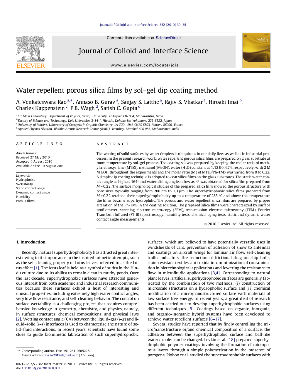 Water repellent porous silica films by sol–gel dip coating method