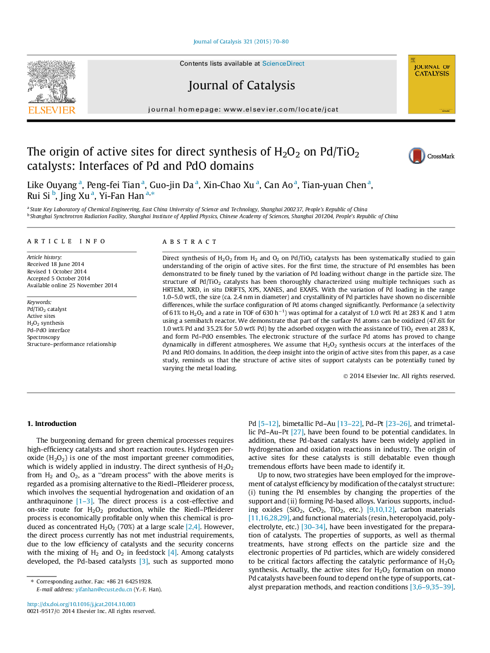 The origin of active sites for direct synthesis of H2O2 on Pd/TiO2 catalysts: Interfaces of Pd and PdO domains