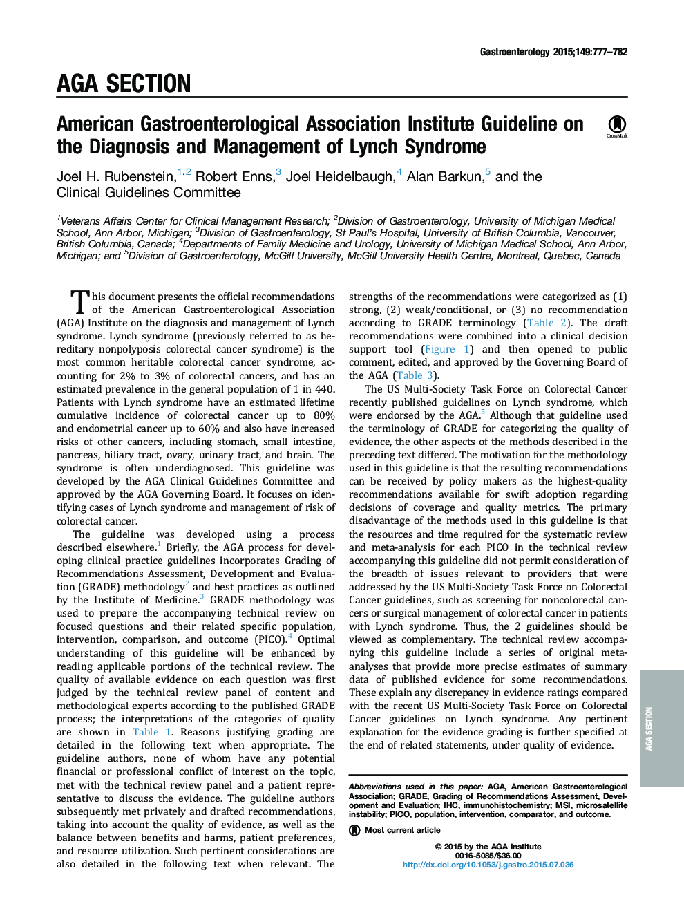 American Gastroenterological Association Institute Guideline on the Diagnosis and Management of Lynch Syndrome
