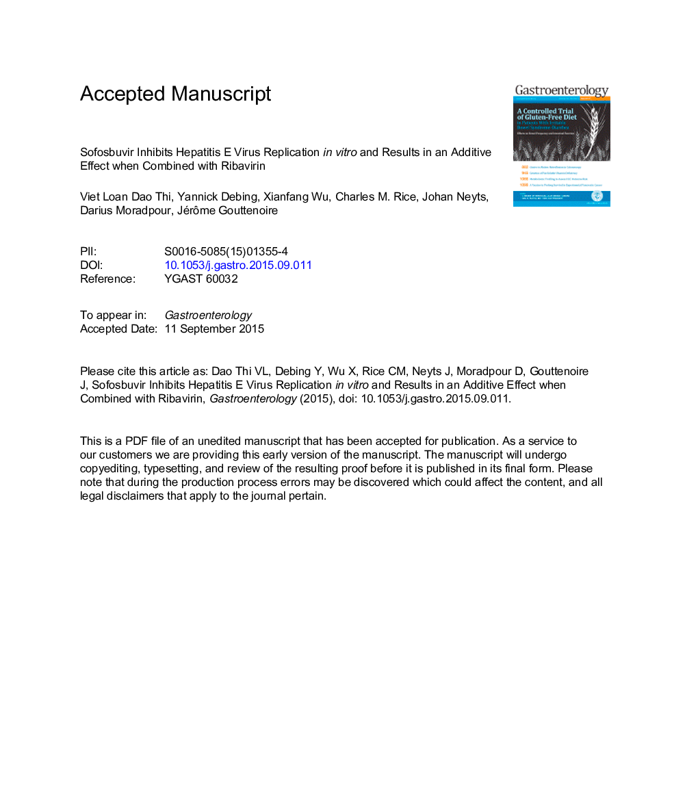 Sofosbuvir Inhibits Hepatitis E Virus Replication In Vitro and Results in an Additive Effect When Combined With Ribavirin