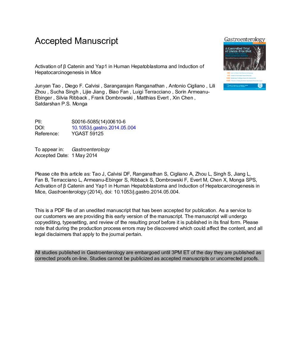 Activation of Î²-Catenin and Yap1 in Human Hepatoblastoma and Induction of Hepatocarcinogenesis in Mice