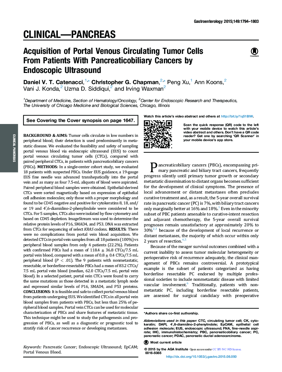 Original ResearchFull Report: Clinical-PancreasAcquisition of Portal Venous Circulating Tumor Cells FromÂ Patients With Pancreaticobiliary Cancers by EndoscopicÂ Ultrasound