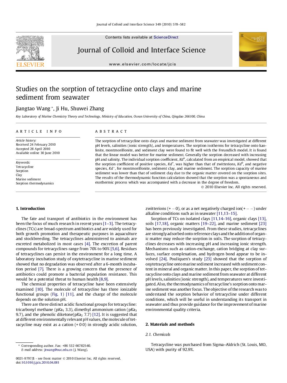 Studies on the sorption of tetracycline onto clays and marine sediment from seawater