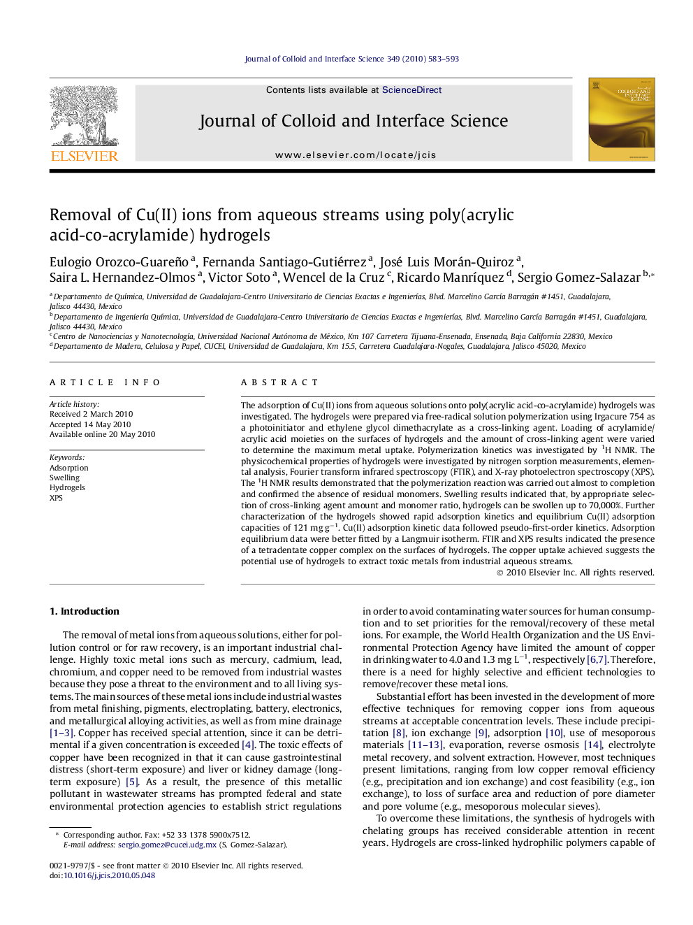 Removal of Cu(II) ions from aqueous streams using poly(acrylic acid-co-acrylamide) hydrogels