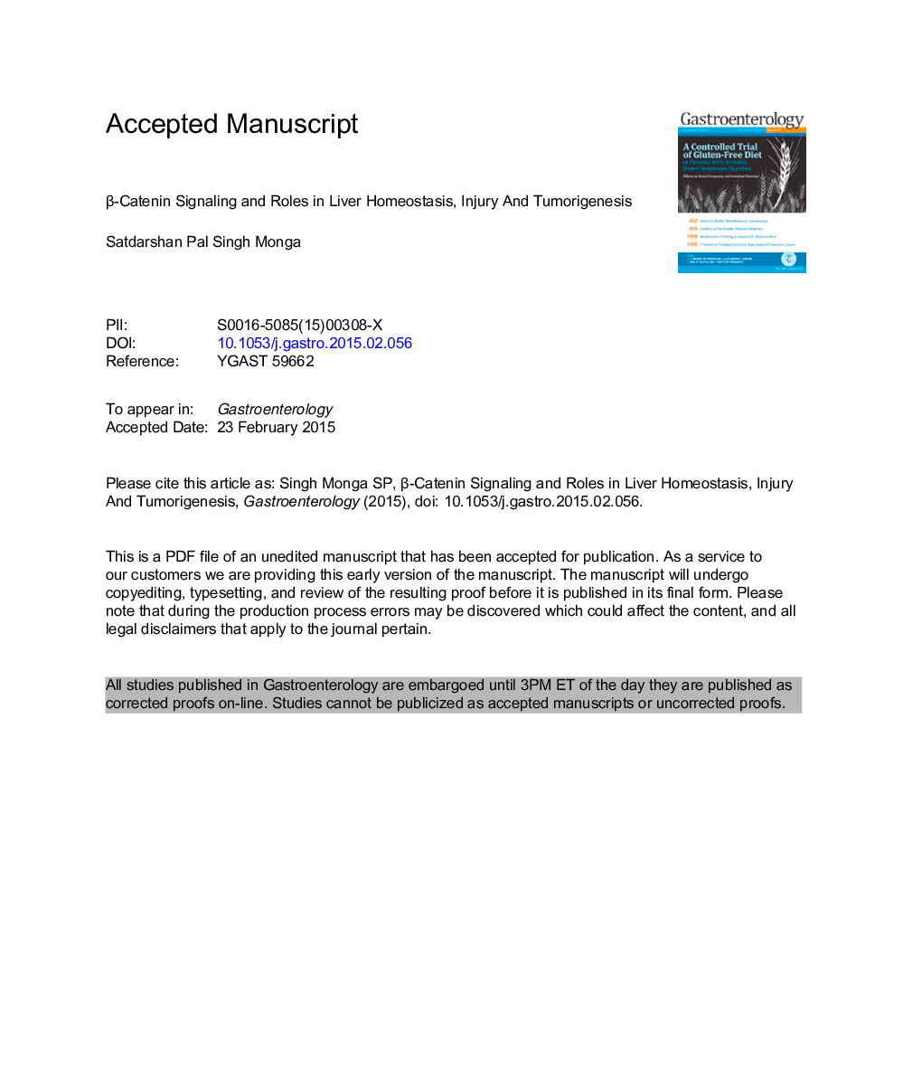 Î²-Catenin Signaling and Roles in Liver Homeostasis, Injury, and Tumorigenesis