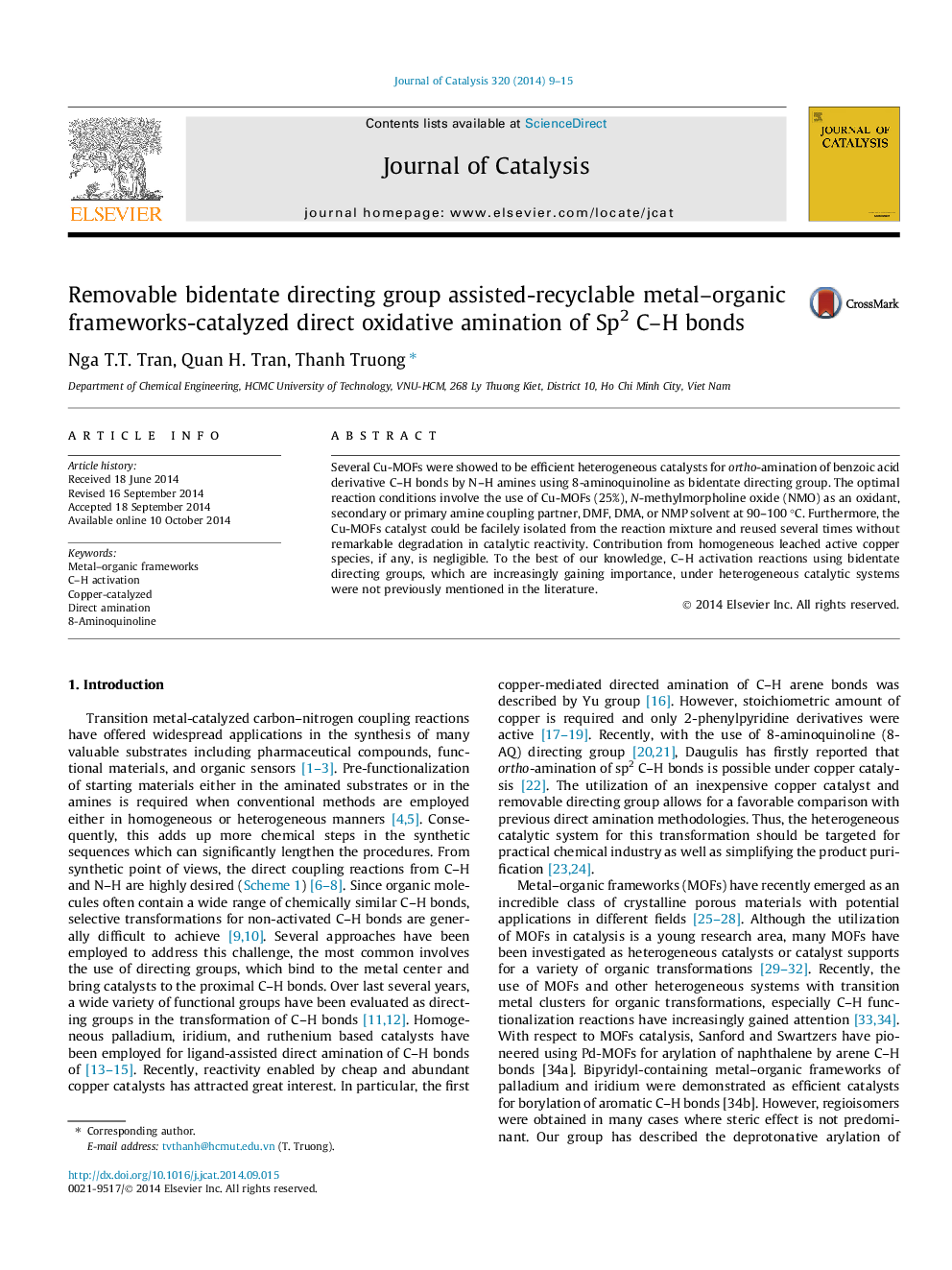 Removable bidentate directing group assisted-recyclable metal–organic frameworks-catalyzed direct oxidative amination of Sp2 C–H bonds