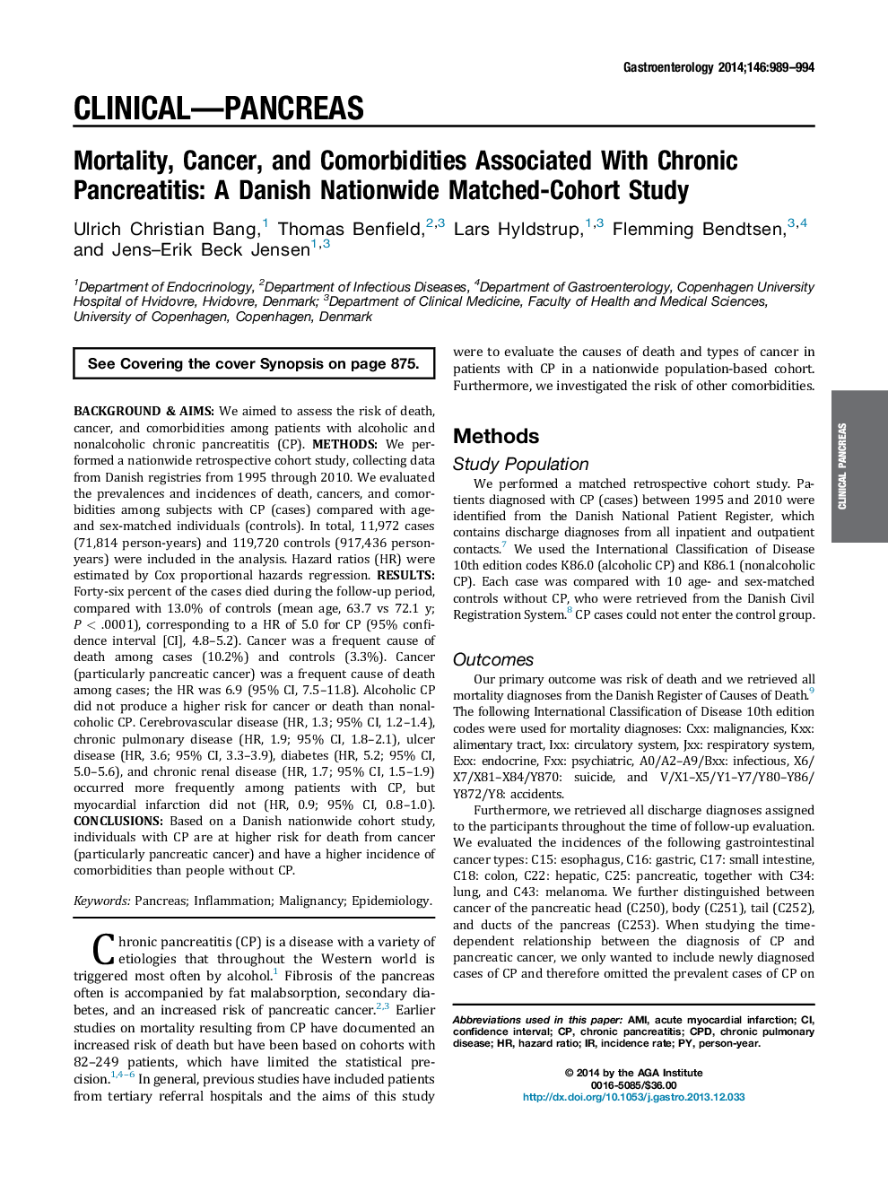 گزارش پژوهشی اصلی: پانکراس، مرگ و میر، سرطان و کمخونی های مرتبط با پانکراتیت مزمن: یک مطالعه هماهنگ همبستگی ملی در دانمارک 