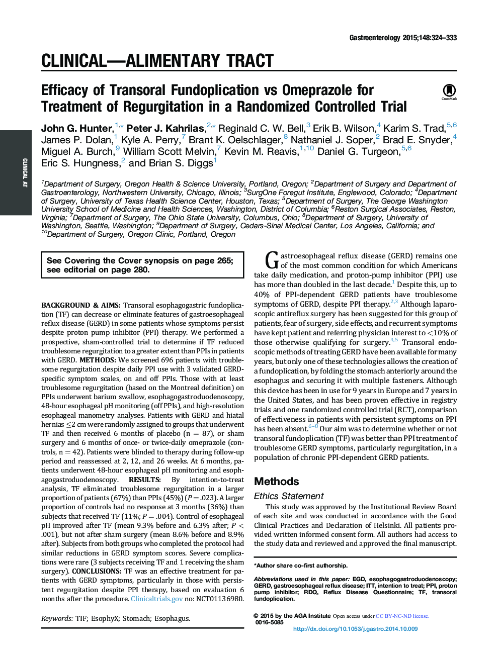 Original ResearchFull Report: Clinical-Alimentary TractEfficacy of Transoral Fundoplication vs Omeprazole for Treatment of Regurgitation in a Randomized Controlled Trial