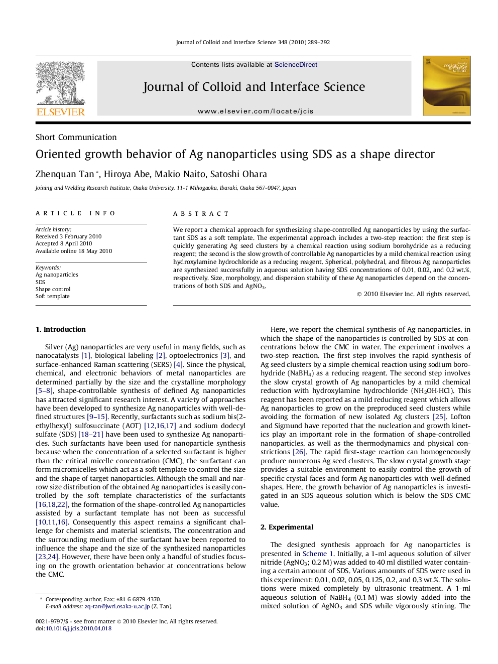 Oriented growth behavior of Ag nanoparticles using SDS as a shape director