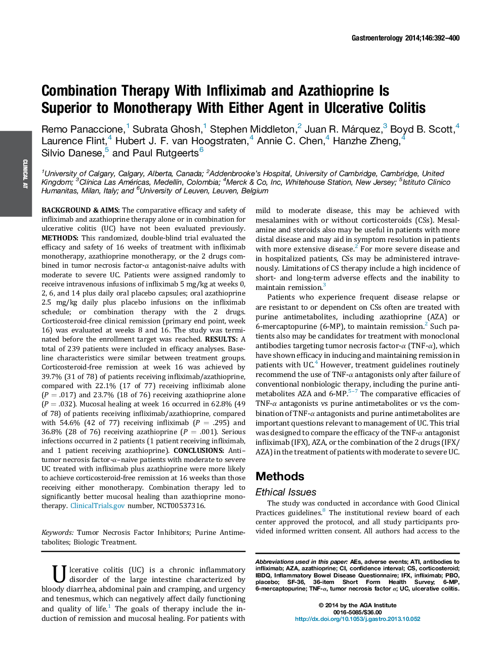 Original ResearchFull Report: Clinical-Alimentary TractCombination Therapy With Infliximab and Azathioprine Is Superior to Monotherapy With Either Agent in Ulcerative Colitis