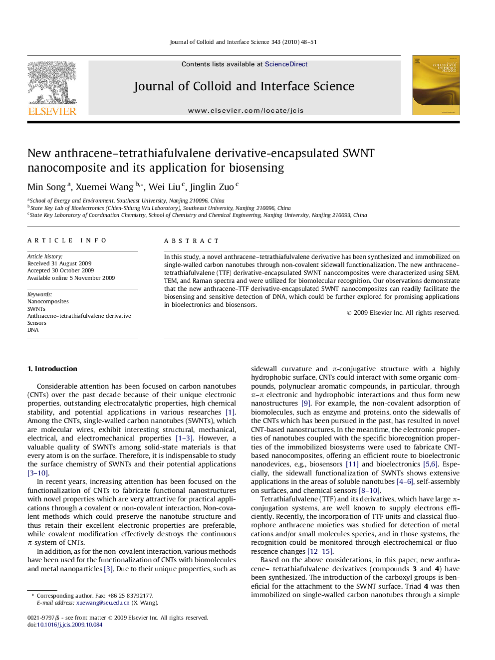 New anthracene–tetrathiafulvalene derivative-encapsulated SWNT nanocomposite and its application for biosensing