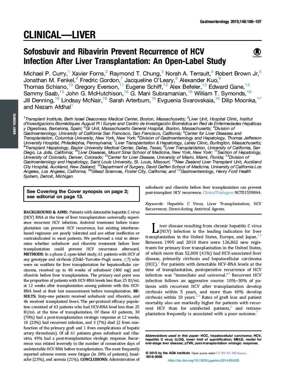 Original ResearchFull Report: Clinical-LiverSofosbuvir and Ribavirin Prevent Recurrence of HCV Infection After Liver Transplantation: An Open-Label Study