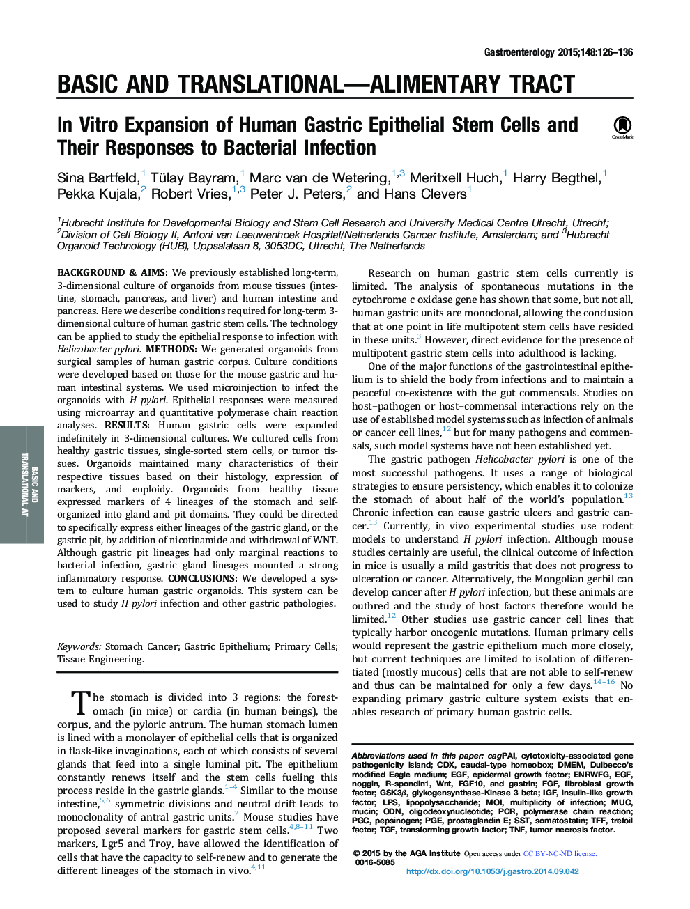 Original ResearchFull Report: Basic and Translational-Alimentary TractInÂ Vitro Expansion of Human Gastric Epithelial Stem Cells and Their Responses to Bacterial Infection