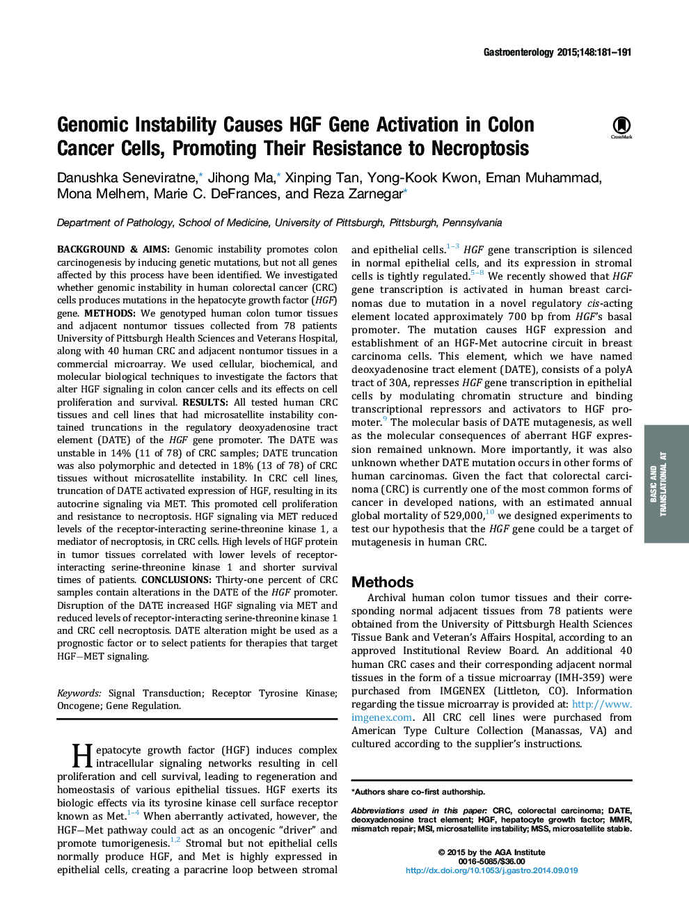 Genomic Instability Causes HGF Gene Activation in Colon Cancer Cells, Promoting Their Resistance to Necroptosis